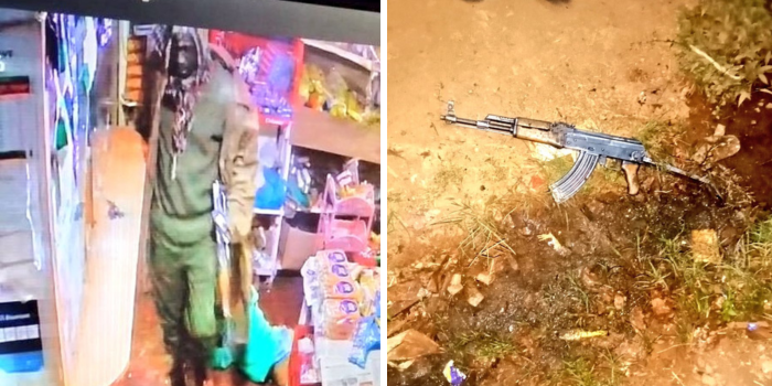 Photo collage of a police constable stealing from a supermarket and the rifle used.
